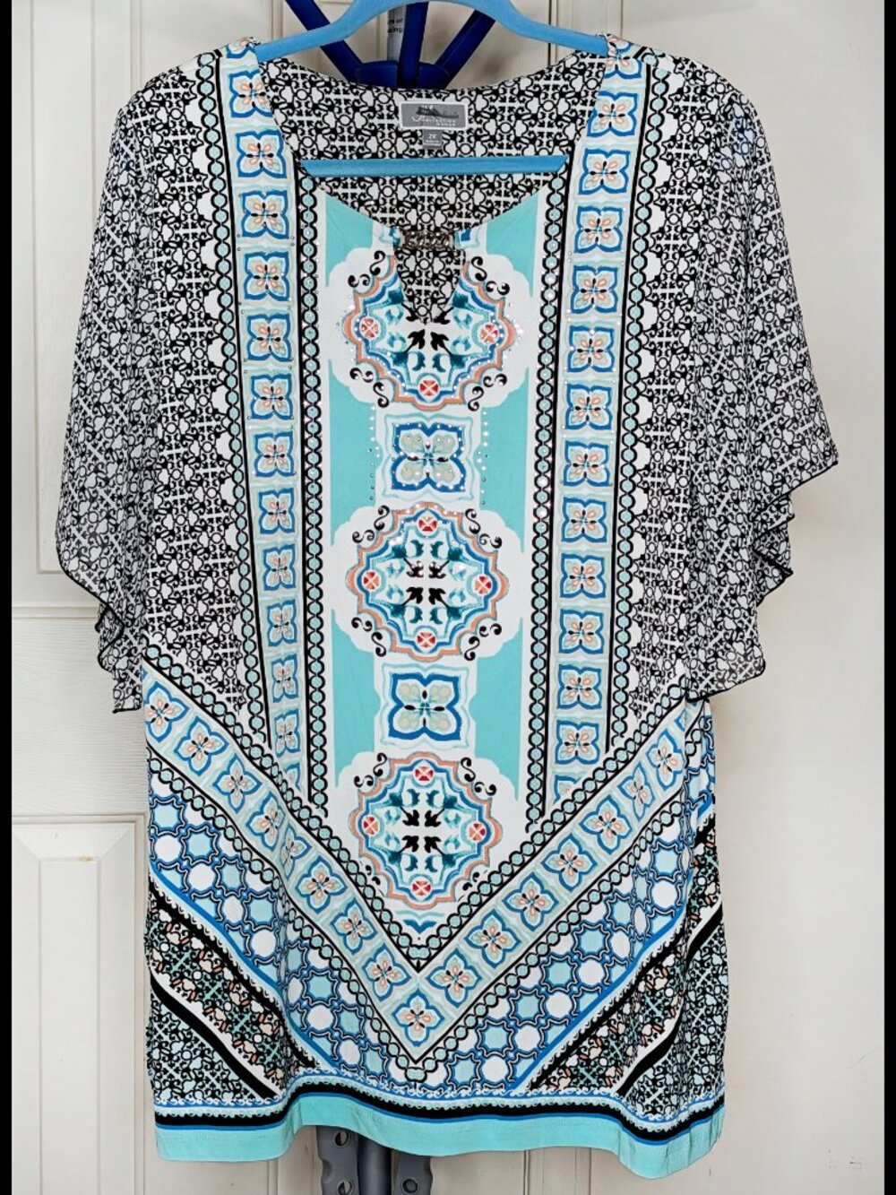 Wow JM COLLECTION 2X Teal & White Lattice Print BATWING Stretch Long Blouse - Picture 2 of 4